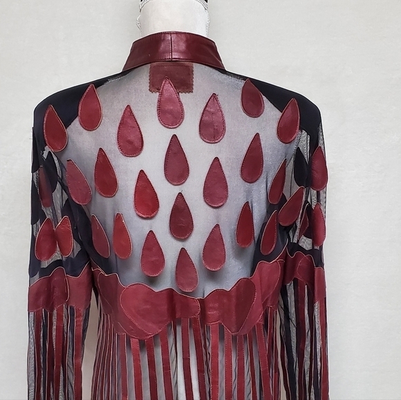 VINTAGE Stillman Studio Cognac Lamb Leather Teardrop Stripe Mesh Mini Dress Med - Picture 10 of 13